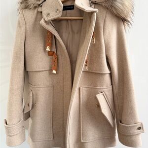 Zara Beige Wool-Blend Pea Coat with Faux Fur Trim